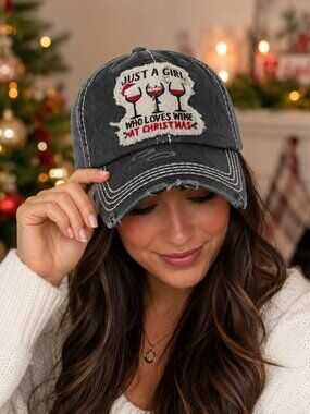 Just A Girl Who Loves Wine at Christmas Distressed Baseball Cap NWT
